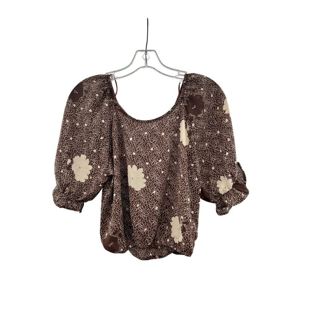 Sienna Sky Crop Top Women's Size Medium Brown/Cream Short Sleeve Cut Out Back